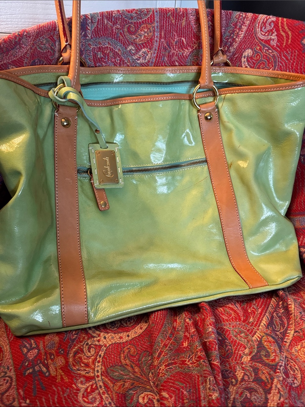 Green Patent Tote with Tan Trim by Calvacanti